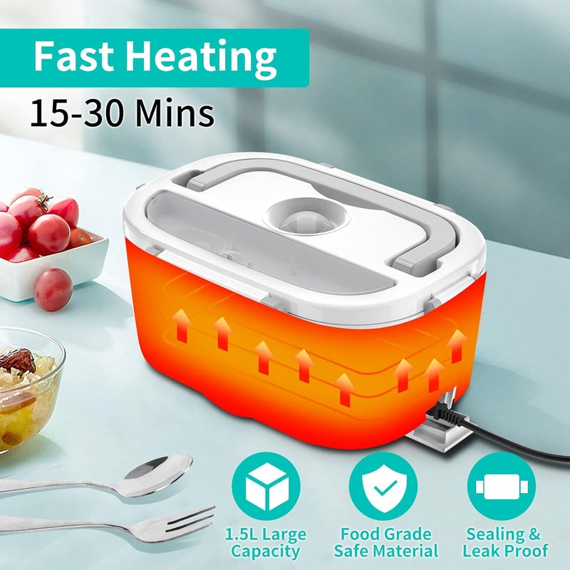 CHARMDOO Electric Lunch Box, Food Warmer Heater 12V 24V 110V, 80W Faster Heated Lunch Box for Car/Truck/Home Portable Heating Boxes with 1.5L 304 SS Container Fork & Spoon, White+Gray - Image 2